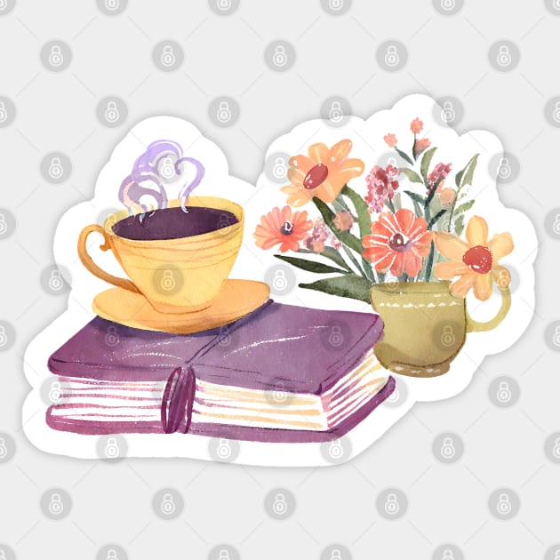 Cute Watercolor Flowers Books and Coffee Sticker by FarmOfCuties